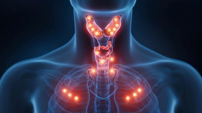 A human neck with the thyroid and parathyroid glands, as well as the lymph nodes, highlighted in orange. The concept of the endocrine system, hormonal disorders, and inflammation.