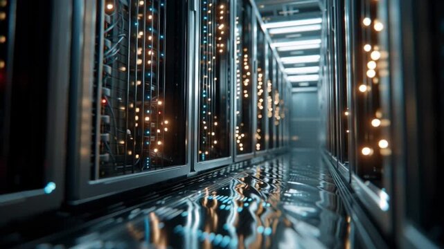 Server Room's Corridor: A sleek, modern server room corridor illuminates with the hum of technology, representing the backbone of the digital age. This image conveys data storage, processing power.
