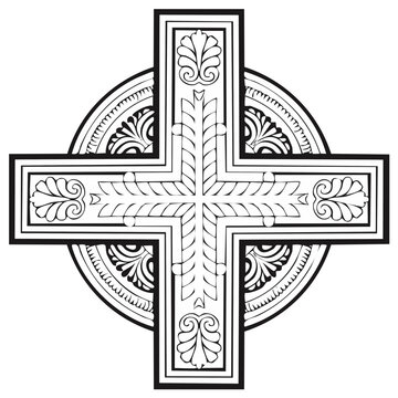 Black and white Celtic cross with floral details and decorative circle
