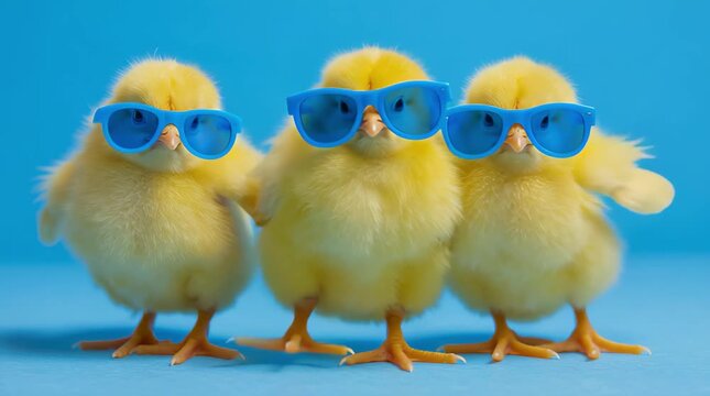 Three yellow chicks stand in a row on a bright blue background and wear blue sunglasses. A fun spring and Easter concept.	