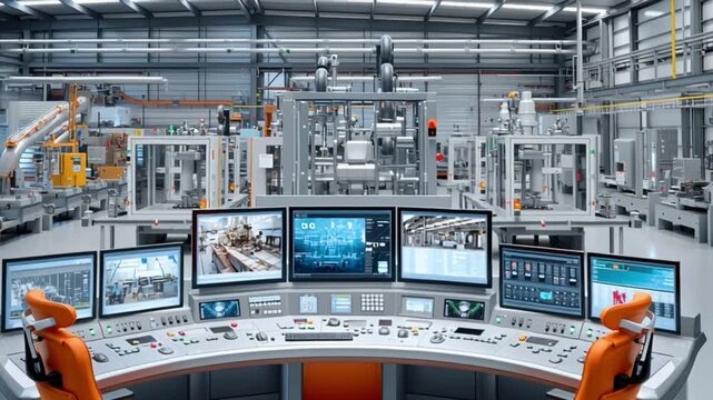Industrial Command Center: A comprehensive view of a modern industrial control room, showcasing advanced machinery, monitors displaying real-time data, and a sense of technological precision. 