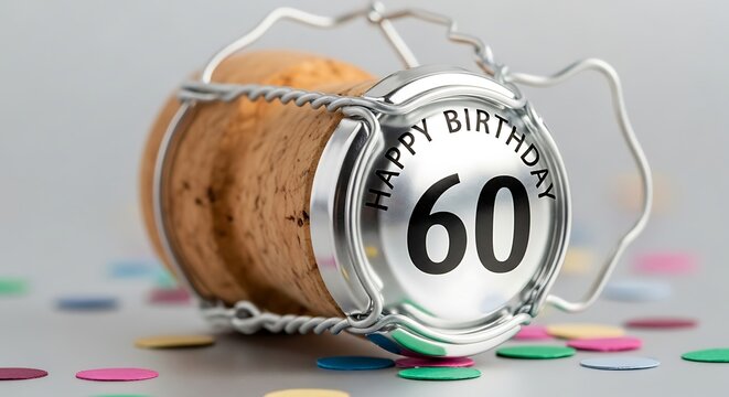 Champagne cork with happy birthday 60 on the cap. Celebration for sixtieth anniversary. Holiday congratulation special event.