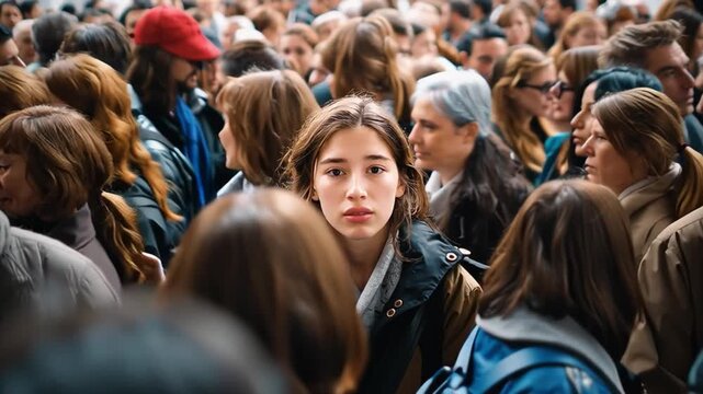 A Moment of Solitude Amidst the Crowd: A young individual stands out amidst a sea of people, their gaze fixed forward, capturing a sense of introspection amidst the bustling environment. 