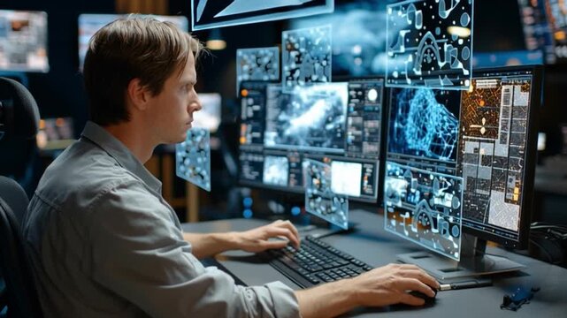 Tech Expert at Work: A tech expert meticulously analyzes data and manages complex systems on multiple screens, highlighting the intricate world of technology and information.
