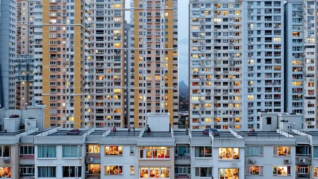 Urban Dwelling Facade: An expansive perspective of high-rise apartment buildings. Illuminated windows suggest the vibrant pulse of human activity within.