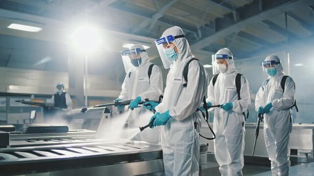 Workers disinfecting an airport. Wearing PPE suits.