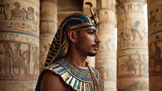 Ancient Egyptian Pharaoh in Ceremonial Attire, Profile View, Standing in Temple Ruins, Regal Portrait, Historical Representation.
