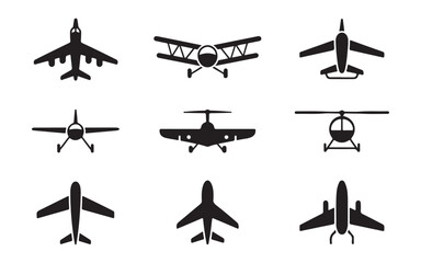 Set of aircraft silhouettes showing various airplane models including commercial jets and vintage propellers © Mukti