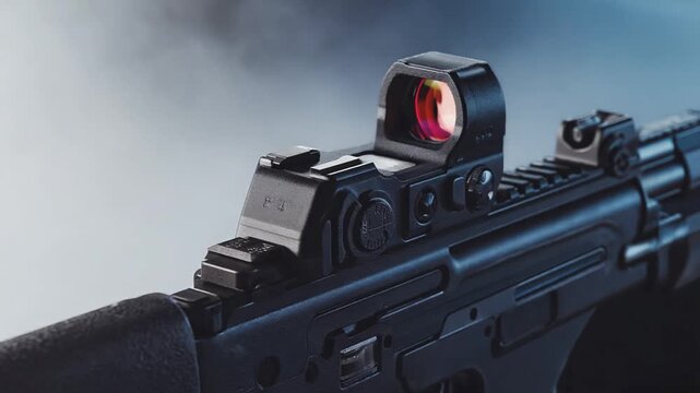 Red dot sight of a submachine gun.