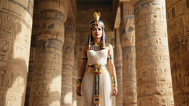 Egyptian Queen Portrait: Regal Woman in Traditional Costume, Ancient Temple Setting, Historical Royalty, Dramatic Lighting.