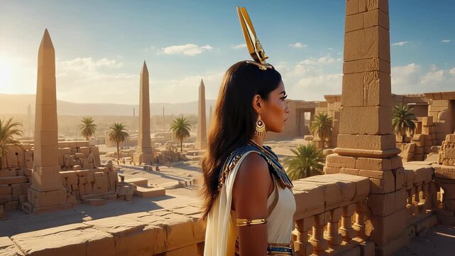Ancient Egyptian Queen Profile View Standing on Ruins, Majestic Royal Portrait, Historical Backdrop, Golden Sunlight