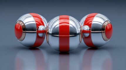 Three metallic spheres with red stripes and circular accents on a gray surface