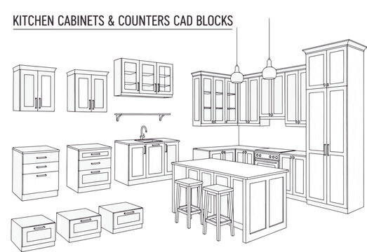 A comprehensive CAD block illustration showcasing kitchen cabinet, capturing the details of modular kitchen, interior design and architecture.