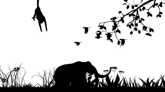 Animation of Silhouettes of Elephant, monkey trees and birds flying on white background No Ai