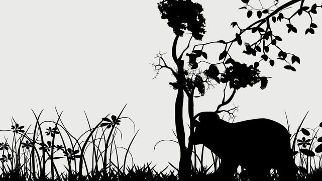 Animation of Silhouettes of Elephant,  trees and birds flying on white background No Ai