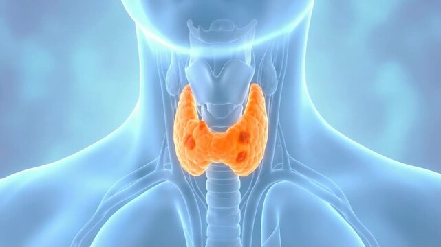 3D Medical Illustration of Human Thyroid Gland Highlighted in Neck Area, Detailed Anatomy Concept Showing Endocrine System Organ on Blue Background