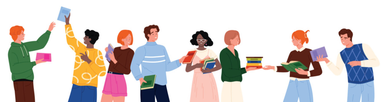 Diverse group of young adults happily sharing and exchanging books, representing a bookcrossing community and literature fans, isolated on white background vector illustration