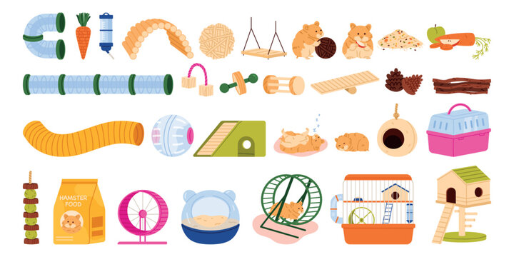 Hamster set with cages, tunnels, wheels, food, treats, bedding, toys and sleeping pets for small animal care and pet shop design isolated on white background vector illustration