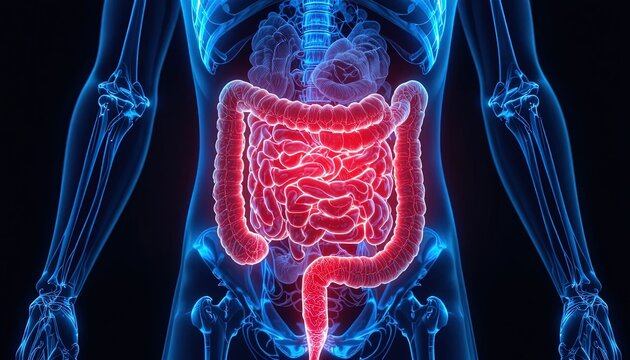 Human digestive system anatomy illustration highlighting intestines