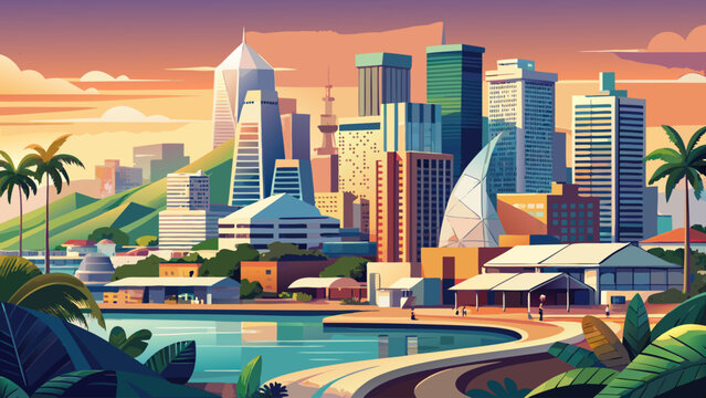 Very beautiful cityscape evoking Cotonou, highlighting coastal urban life, modern development, and energetic atmosphere of Benin&rsquo;s largest metropolitan center.