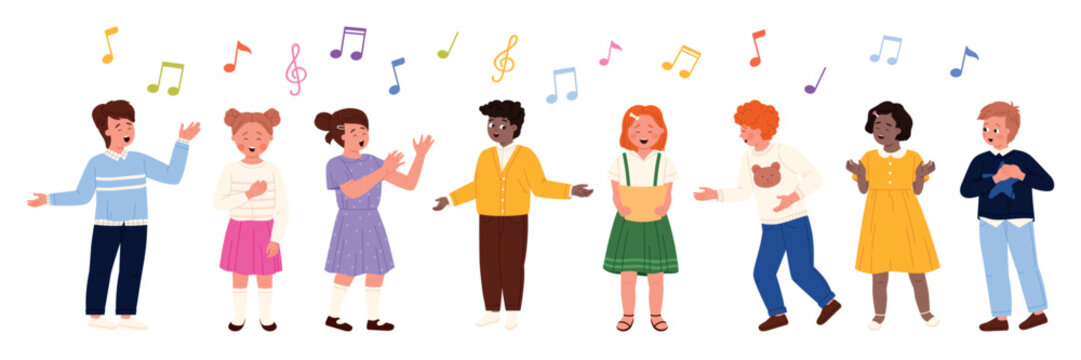 Group of diverse kids singing together in a cheerful school choir, performing music with joy and friendship, musical notes above, isolated on white background vector illustration