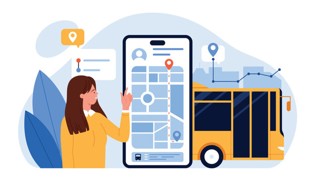Woman using smartphone app to track city bus location and route in real time, showing urban public transport management and digital navigation system, isolated on white background vector illustration