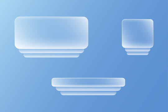 Minimalist translucent panels Liquid glass push button, 3d light frame banner set, glass panel for mobile and web app, tech board frame in futuristic style, vector illustration.