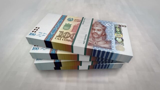 Tajikistan somoni Tajikistani money pile pack. Concept background of economy, banking, business, crisis, recession, debt and finance. 100 TJS banknotes stacks 3d.