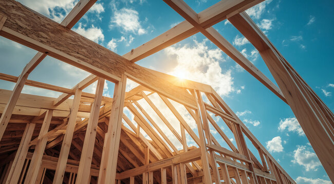 Wooden frame of unfinished house rises under cloudy sky, showing beams and structure in early construction phase.