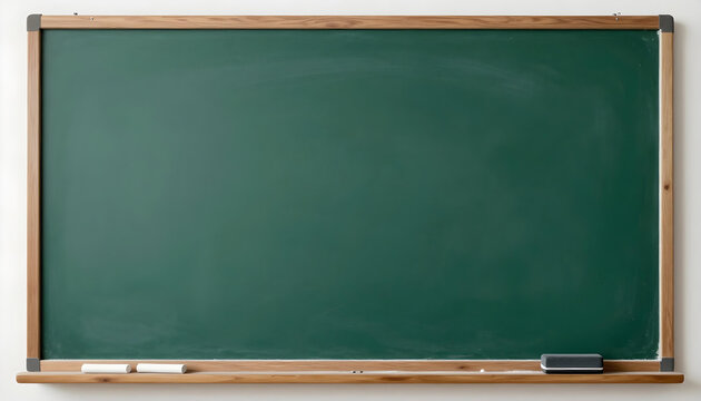 A clean green chalkboard with a wooden frame and chalk tray holding chalk and an eraser