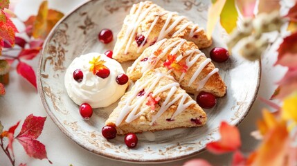 Obraz premium Autumn cranberry scones with whipped cream and maple syrup on a rustic plate