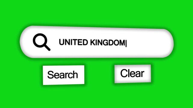 A digital search bar interface the text United Kingdom with a magnifying glass and search and clear buttons on a vibrant green background, representing