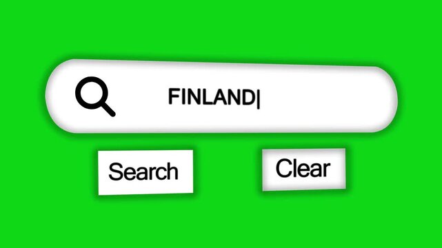 A digital search bar interface showing the country name Finland with a magnifying glass and search and clear buttons on a bright green background with a