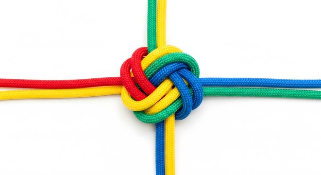 Knot of colorful cords for creative concepts. Ideal for design projects, craft backgrounds, or illustrating unity and diversity themes.