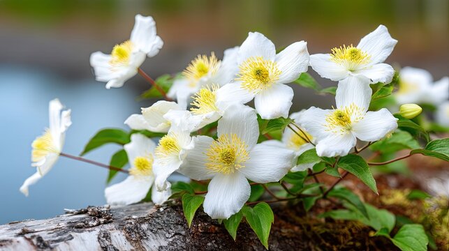 White clematis flowers show details of yellow stamens and gray leaves while a green tree trunk stands in focus behind them