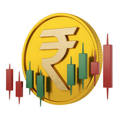 Indian rupee coin with stock market graph isolated on transparent background