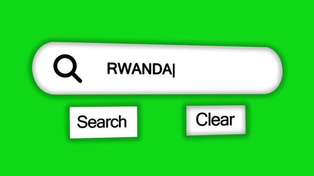 A digital search bar interface the word RWANDA with a magnifying glass and search and clear buttons on a bright green background Keywords: search bar