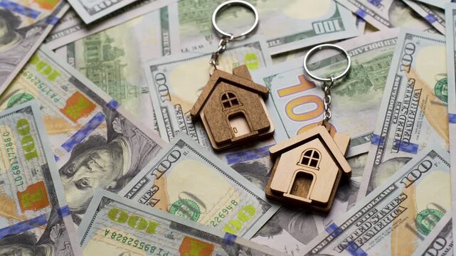 Property Investment and Home Ownership Concept. A wooden house shaped keychain with silver keys lying on a background of scattered dollar bills