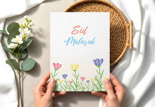 Elegant Eid Mubarak Greeting Card Design with Floral Illustration
