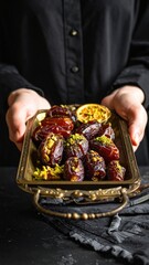 Hands holding antique golden tray filled with dates topped with chopped pistachios and garnished with dried orange slice against dark background