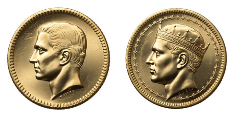 Two gold coins with profile portraits isolated on transparent background