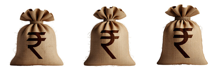 Set For Three burlap sacks with indian rupee symbol isolated on transparent background