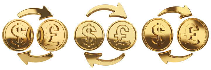 Set For Golden coins with arrows rotating isolated on transparent background