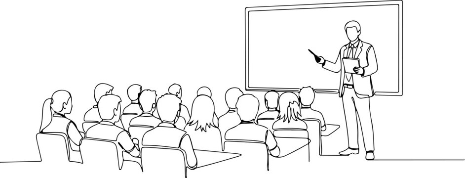 A teacher presenting to a group of students in a classroom setting with a projector screen.