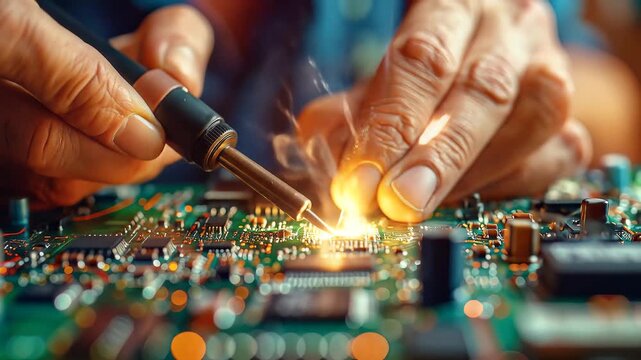 Hands expertly soldering intricate electronic circuit board with glowing solder and smoke