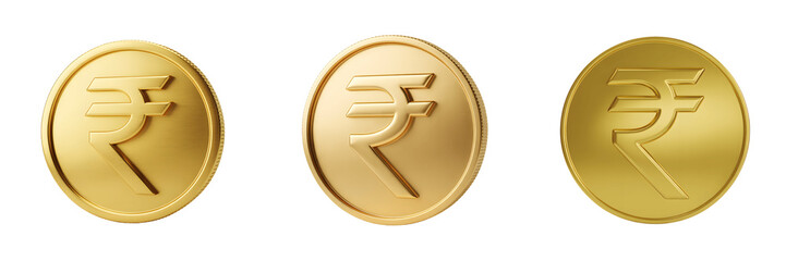 Set For gold coins with indian rupee symbol isolated on transparent background