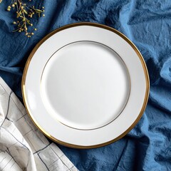 Elegant White Ceramic Dinner Plate with Golden Rim on Blue Textured Fabric and White Checked Napkin