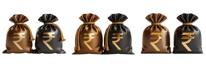 Row of gold and black money bags with indian rupee symbol isolated on transparent background