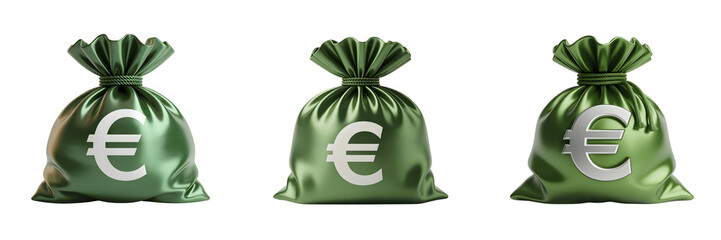 Set For green money bags with euro symbols on white isolated on transparent background