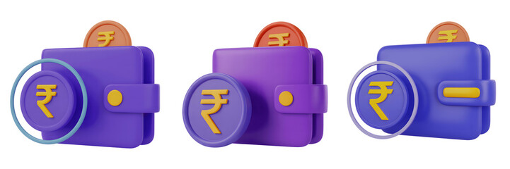 Set For Three colorful piggy banks with rupee symbols on white isolated on transparent background